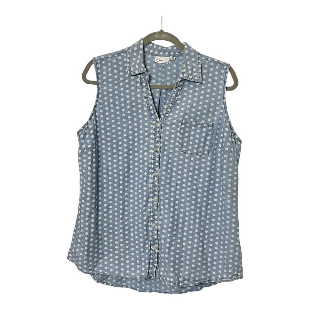 Kim Rogers Top Womens XL Chambray Denim Sleeveless Daisy Button Front Shirt Y2K